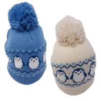 KIDS6259: Baby Fleece Lined Penguin Print Pom Beanie Hat (6-18 Months)